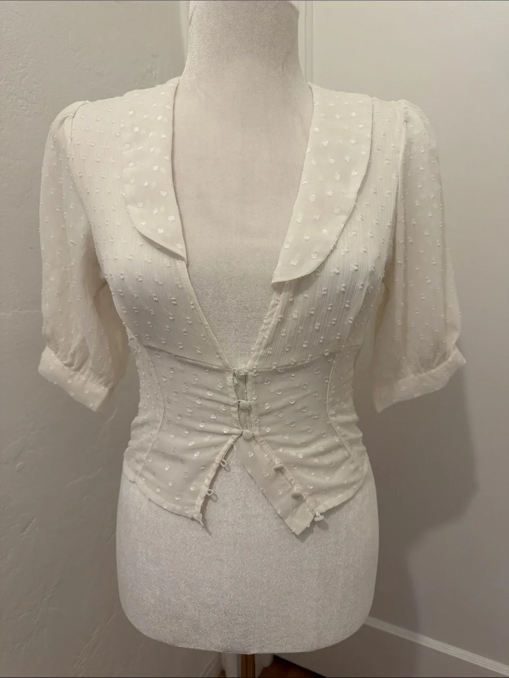 Free People Ivory Swiss Dot Corset Top with Puff Sleeves